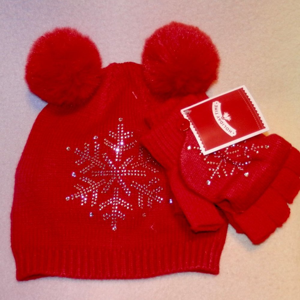 HOLIDAY TIME GIRLS SNOWFLAKE  RED RHINESTONE HAT AND GLOVE SET * NEW * ONE SIZE